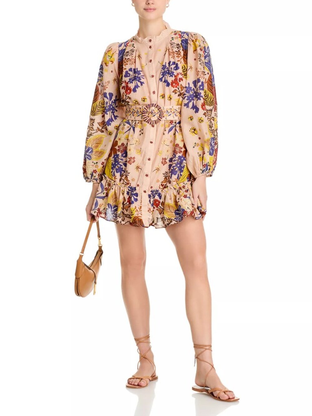New FARM RIO Puff Sleeve Button Down Mini Dress Floral Belted Beige 100% Cotton